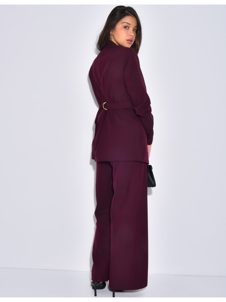 Set comprising a fitted blazer with a stand-up collar and straight-leg trousers