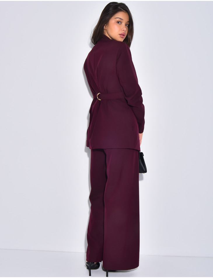 Set comprising a fitted blazer with a stand-up collar and straight-leg trousers