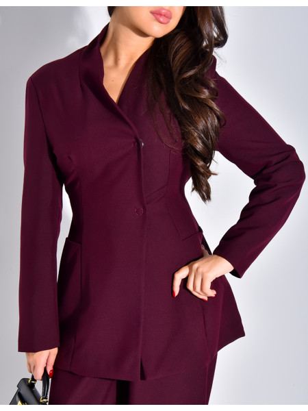 Set comprising a fitted blazer with a stand-up collar and straight-leg trousers