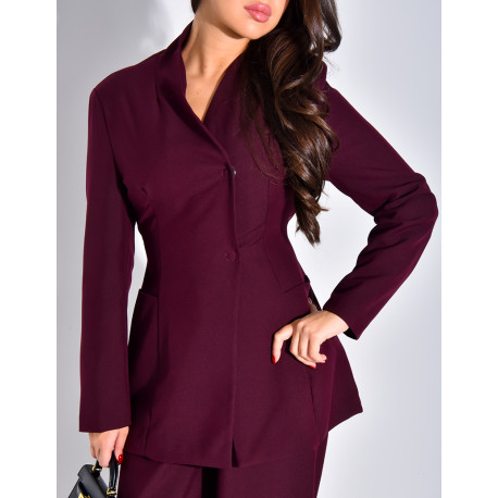 Set comprising a fitted blazer with a stand-up collar and straight-leg trousers