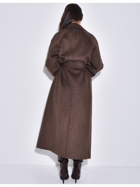 Manteau très long en laine ceinturé à rayures