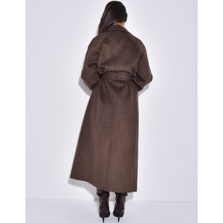 Manteau très long en laine ceinturé à rayures
