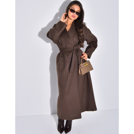 Manteau très long en laine ceinturé à rayures