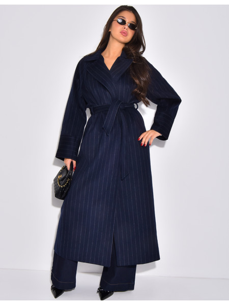 Manteau très long en laine ceinturé à rayures