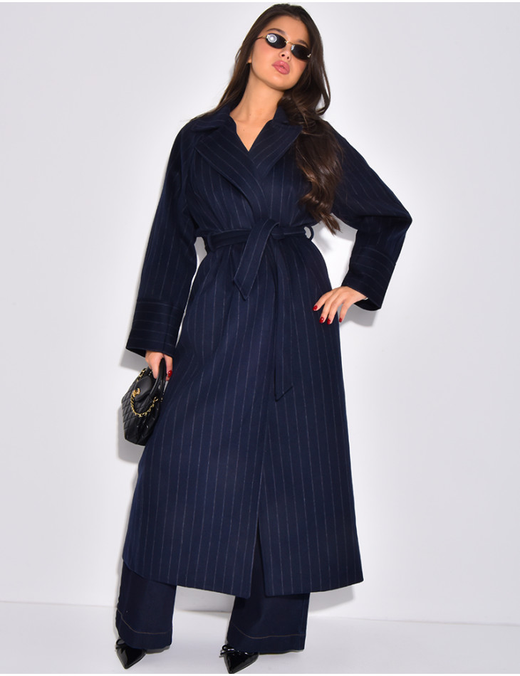 Manteau très long en laine ceinturé à rayures
