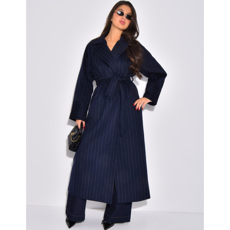 Manteau très long en laine ceinturé à rayures