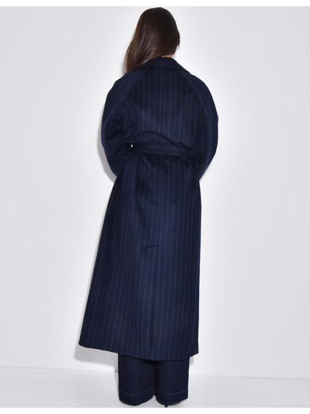 Manteau très long en laine ceinturé à rayures