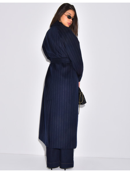 Manteau très long en laine ceinturé à rayures