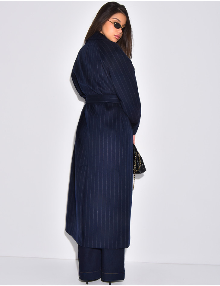 Manteau très long en laine ceinturé à rayures