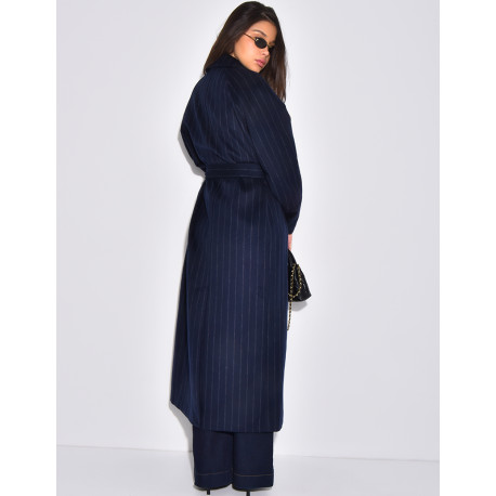 Manteau très long en laine ceinturé à rayures
