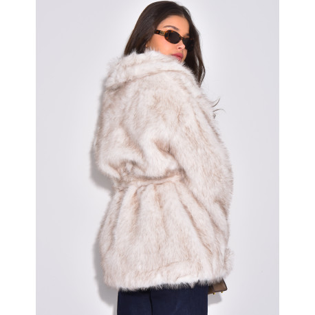 Manteau mi-long en fausse fourrure à ceinture