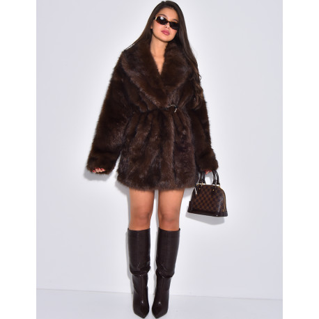 Mid-length belted faux fur jacket