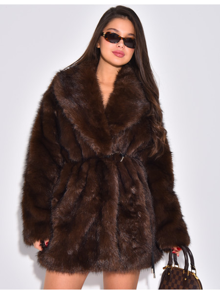 Mid-length belted faux fur jacket
