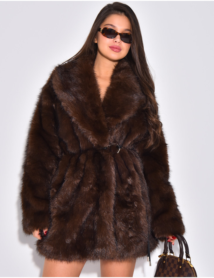 Mid-length belted faux fur jacket