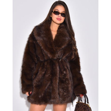 Mid-length belted faux fur jacket