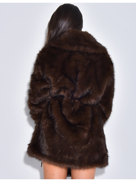Mid-length belted faux fur jacket