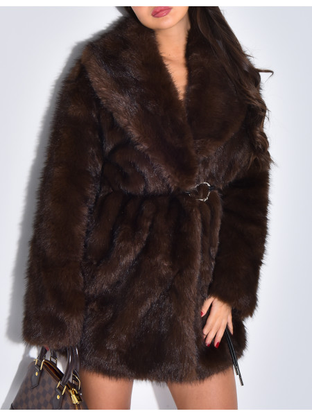 Mid-length belted faux fur jacket