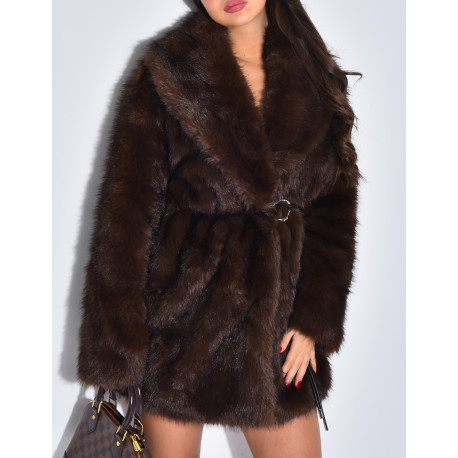 Mid-length belted faux fur jacket