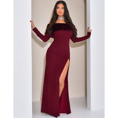 Robe longue épaules dénudées à fourrure