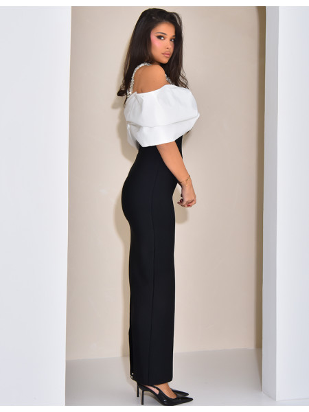 Robe longue en tissu bandage à bandeau satiné et collier à cristaux