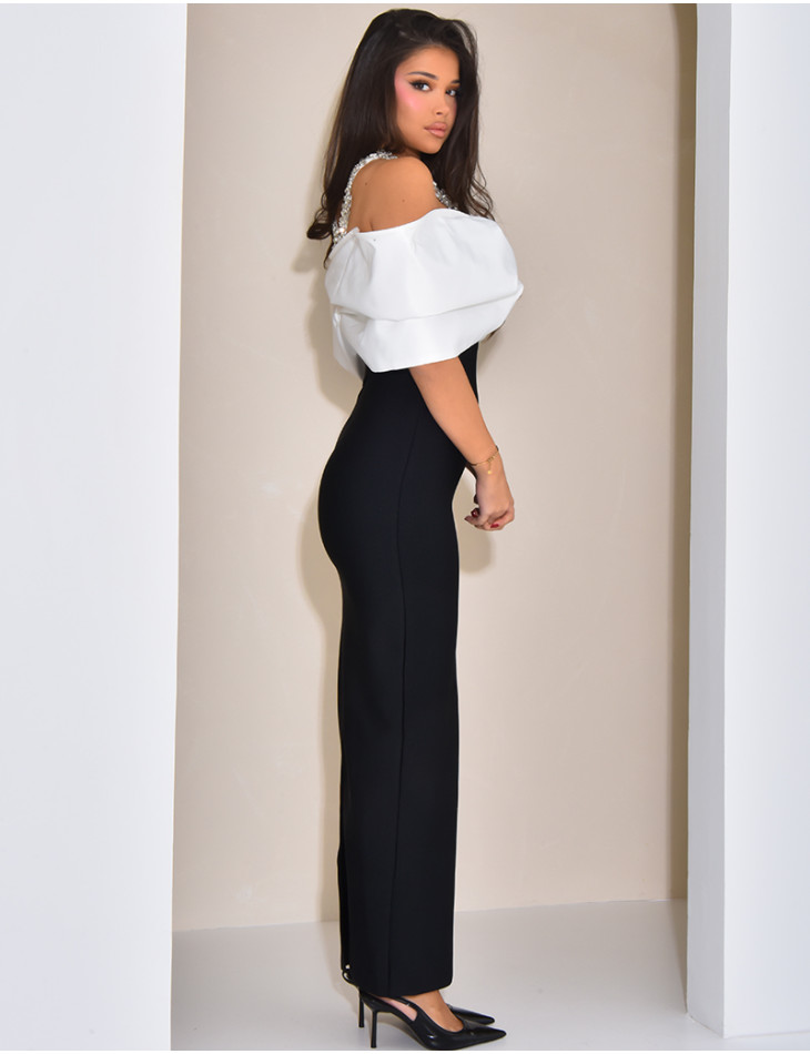 Robe longue en tissu bandage à bandeau satiné et collier à cristaux