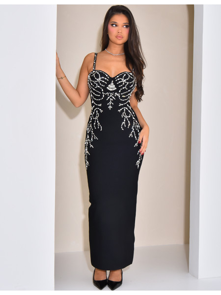 Robe longue bandage style corset à perles et cristaux