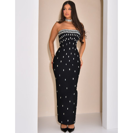 Robe bandage longue coupe bustier à cristaux
