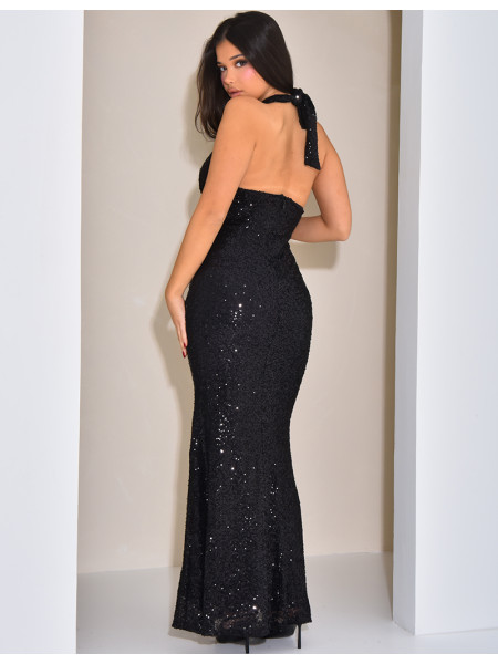 Robe longue en sequins dos nu à nouer