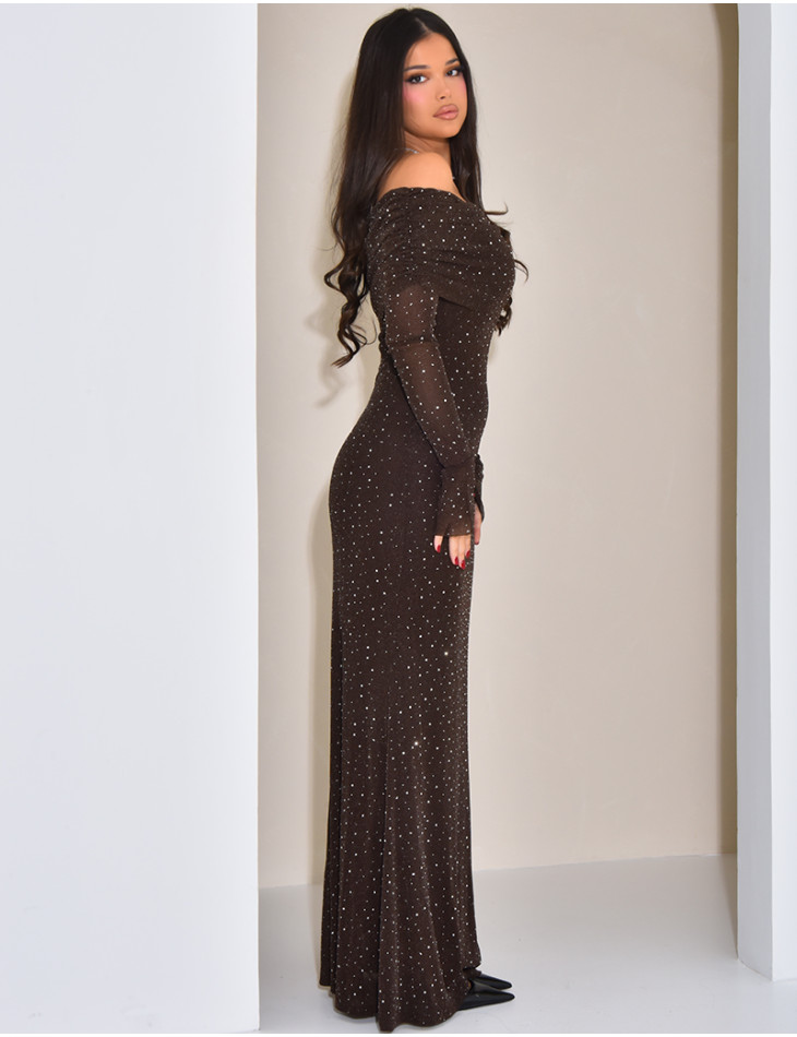Long dress in mesh lined with rhinestone & sequin boat neck