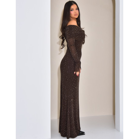 Long dress in mesh lined with rhinestone & sequin boat neck