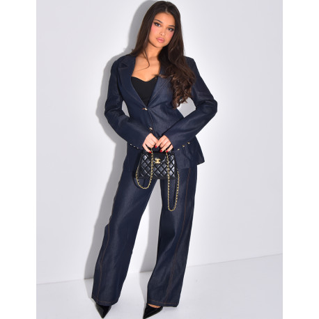 Ensemble en jeans veste de blazer et pantalon coupe droite