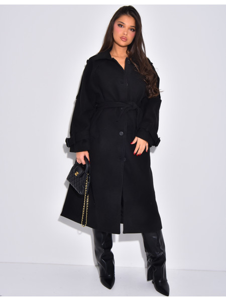 Trench long en feutrine à ceinture à la taille