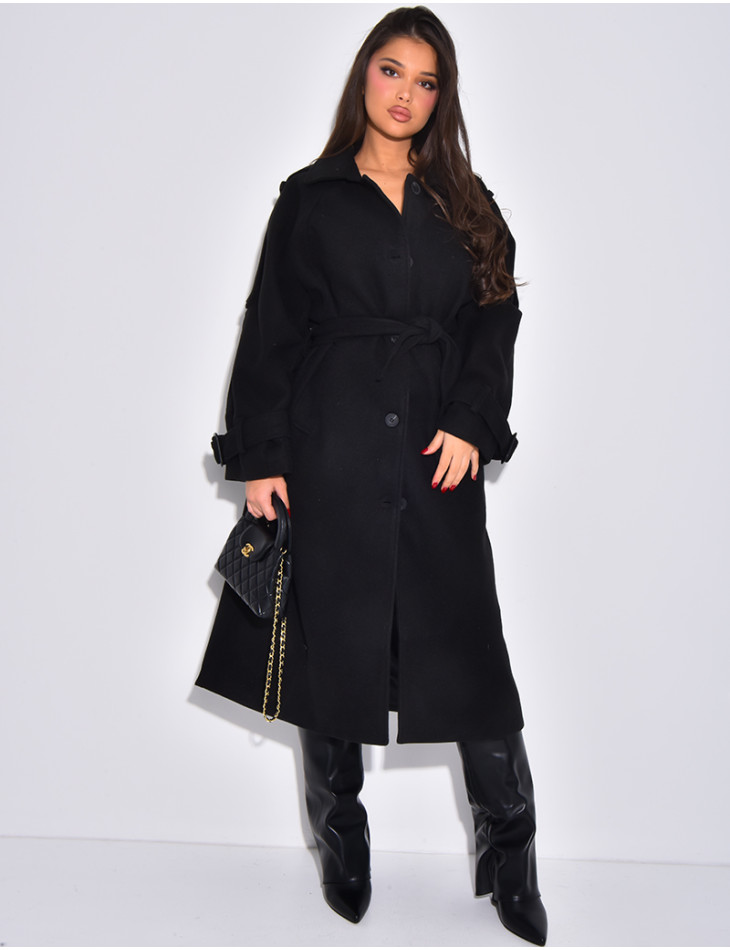 Trench long en feutrine à ceinture à la taille