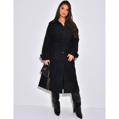 Trench long en feutrine à ceinture à la taille