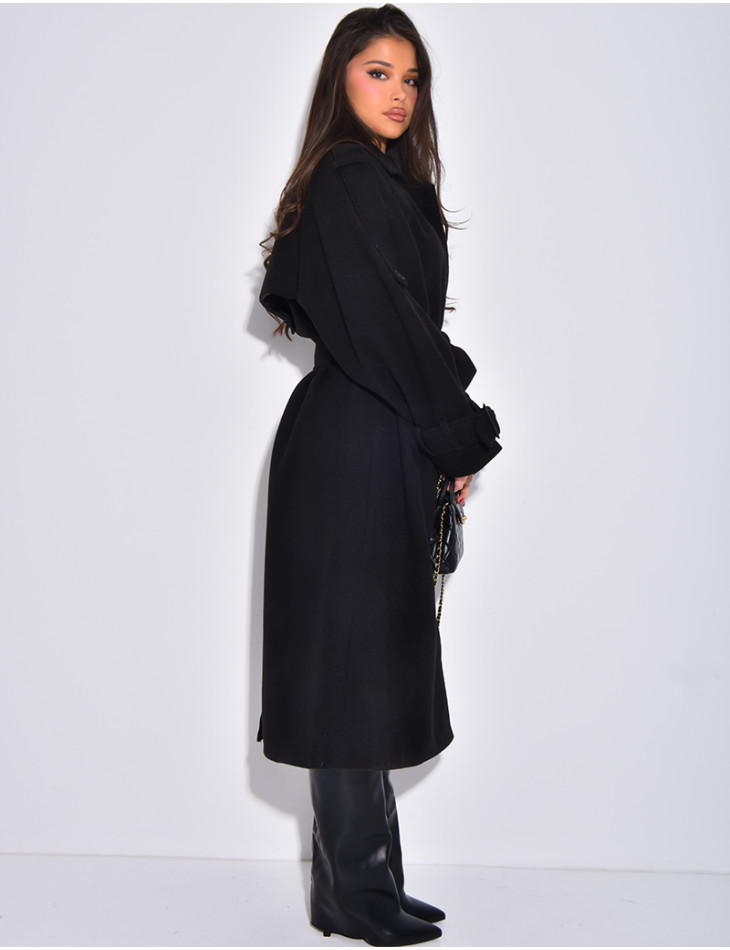 Trench long en feutrine à ceinture à la taille