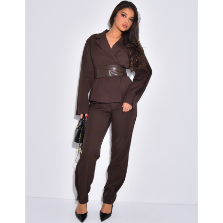 Ensemble tailleur 2 pièces blazer à ceinture en cuir et pantalon boutonné