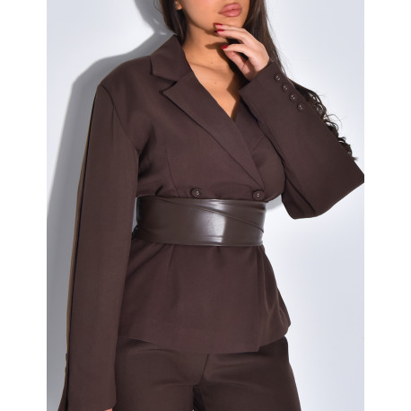 Ensemble tailleur 2 pièces blazer à ceinture en cuir et pantalon boutonné