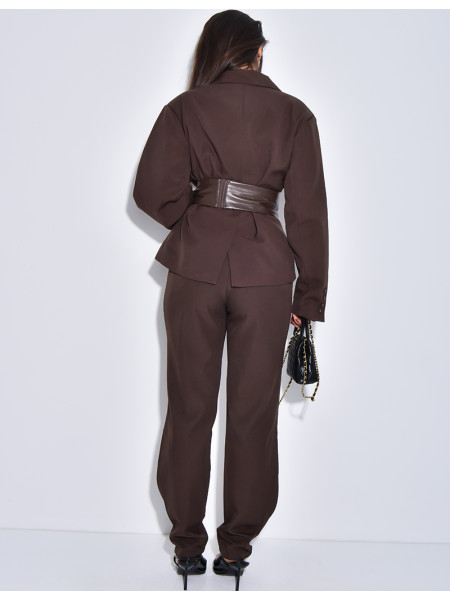 Ensemble tailleur 2 pièces blazer à ceinture en cuir et pantalon boutonné