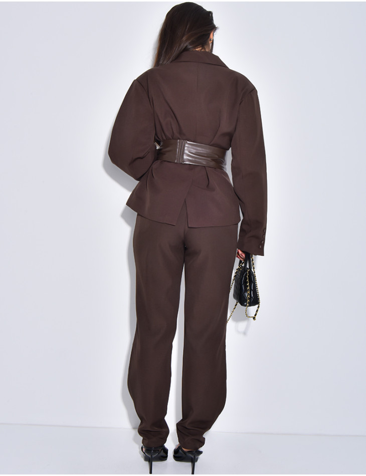 Ensemble tailleur 2 pièces blazer à ceinture en cuir et pantalon boutonné