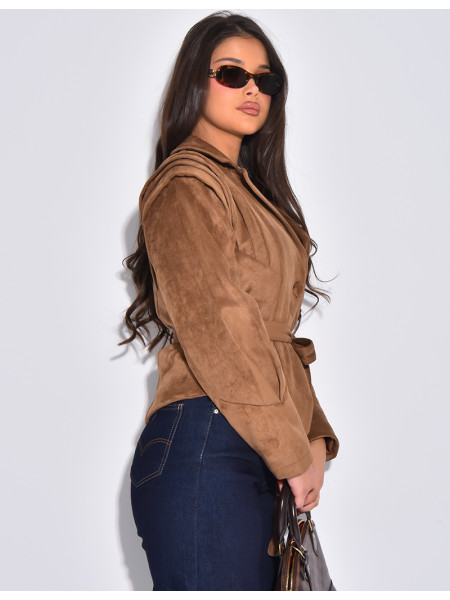 Veste courte effet daim camel à ceinture nouée