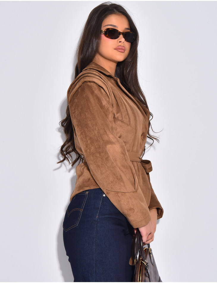 Veste courte effet daim camel à ceinture nouée