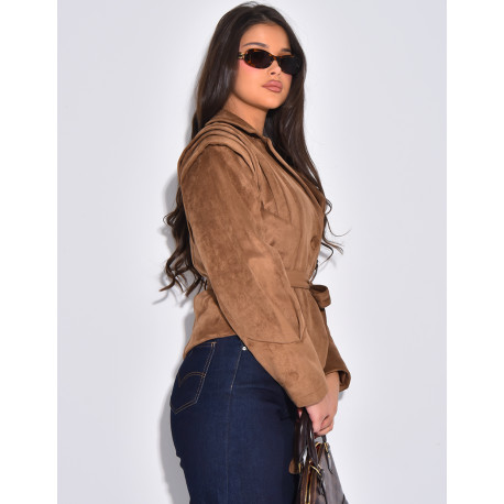 Veste courte effet daim camel à ceinture nouée