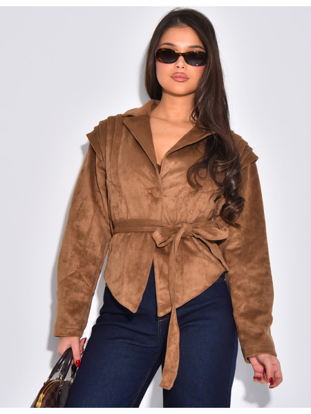 Veste courte effet daim camel à ceinture nouée