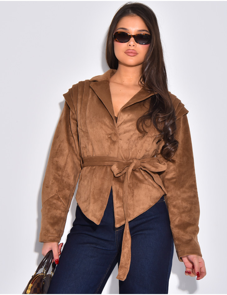 Veste courte effet daim camel à ceinture nouée