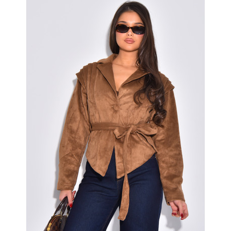 Veste courte effet daim camel à ceinture nouée