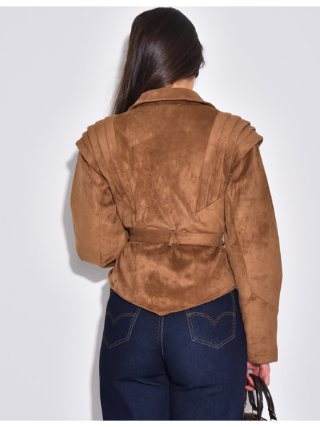 Veste courte effet daim camel à ceinture nouée