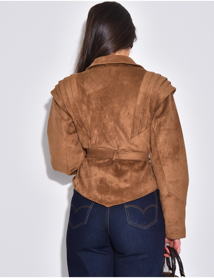 Veste courte effet daim camel à ceinture nouée