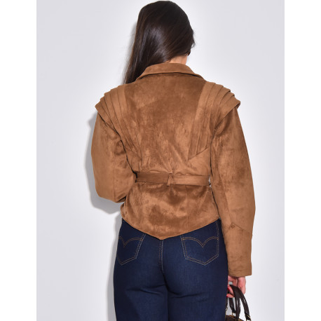 Veste courte effet daim camel à ceinture nouée