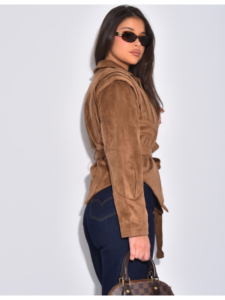 Veste courte effet daim camel à ceinture nouée