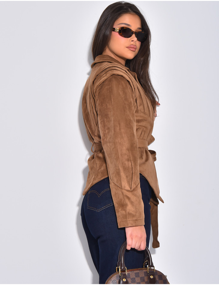 Veste courte effet daim camel à ceinture nouée